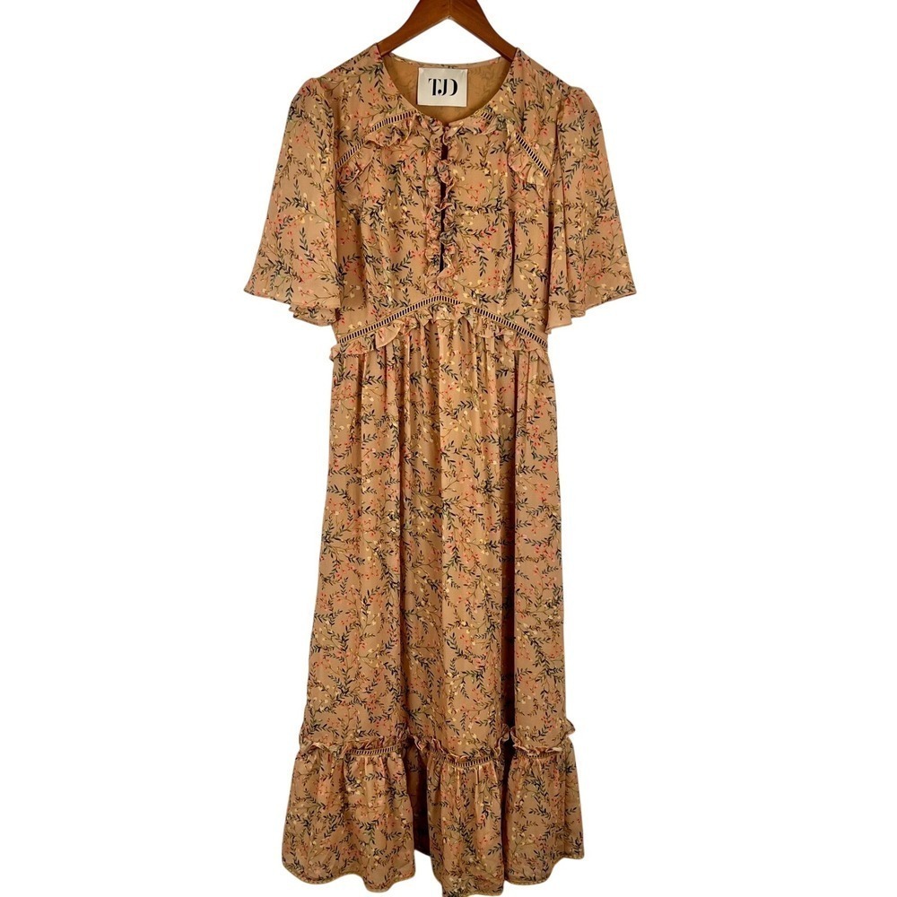 TJD Tan Floral Ruffle Midi Dress Ladder Trim Flutter Sleeve Small Cottage Fairy